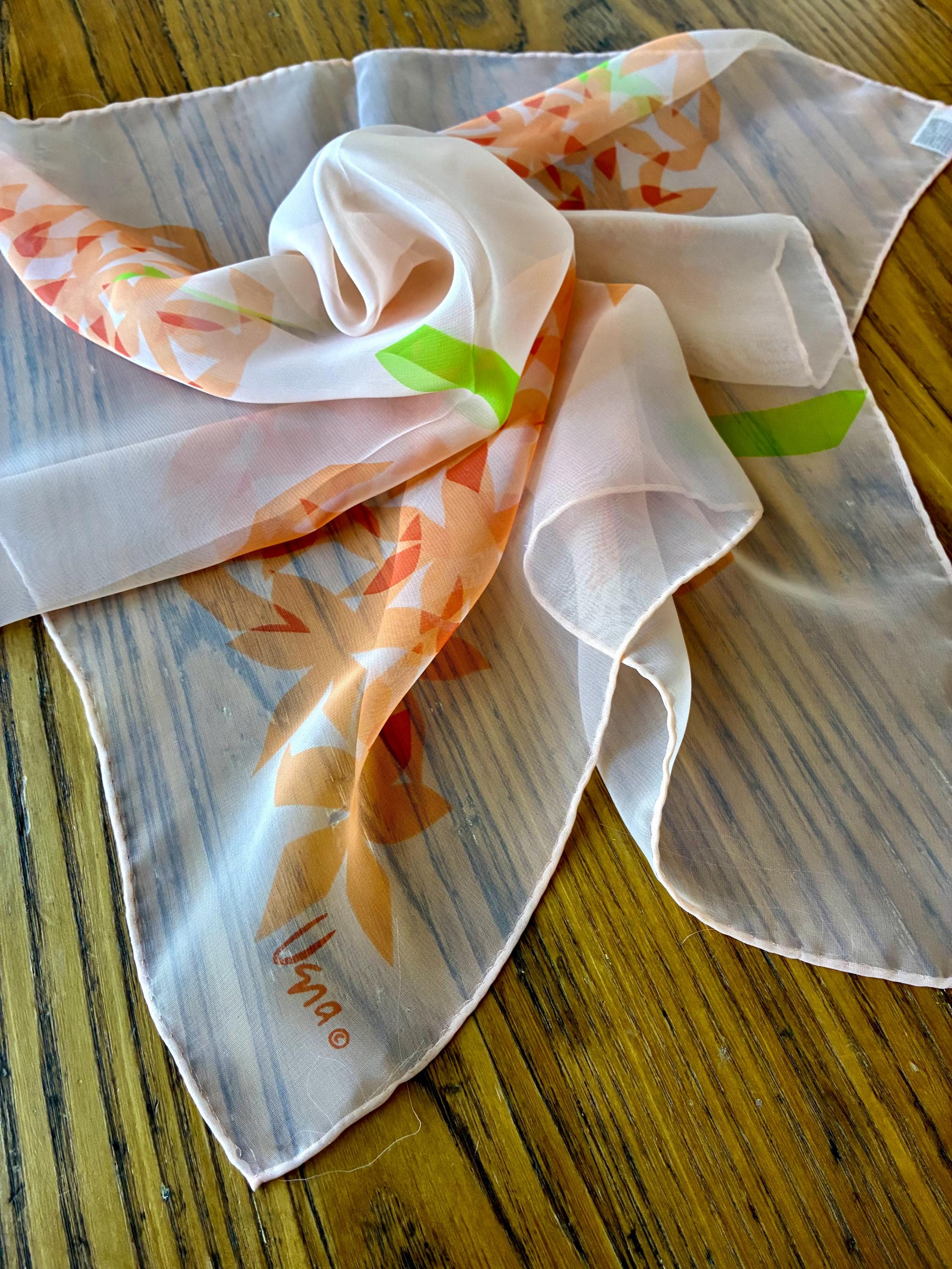 1970s Vintage Vera Neumann Scarf, Peach, Lime Green, 21