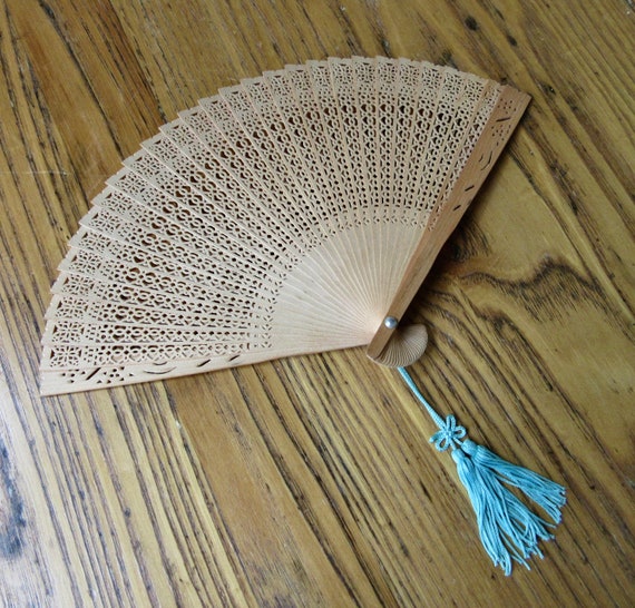 Vintage Ladies Fan, Wooden Fan, Aqua Tassel, Japa… - image 4