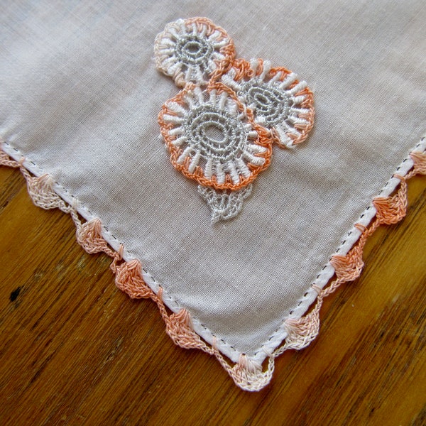 Vintage Handkerchief, Peach & Gray Appliqué Flowers, White Cotton, Peach  White Crochet Edge, Retro Accessories, Collectible, Gift for Her