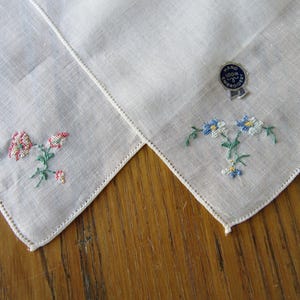 Vintage Handkerchief Set, Unused/Original Tag, Floral Embroidered Hankies, Pink, Blue, Linen, Retro Accessories, Gift For Her, Collectible