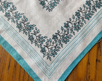 Pañuelo vintage, flores color aguamarina, pañuelo estampado, pañuelo de colección.