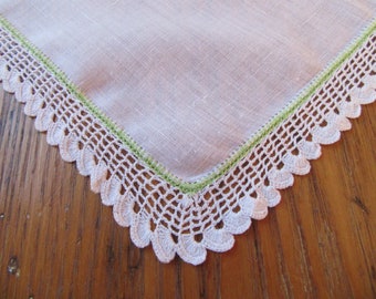 Vintage Handkerchief, White Crochet Edge, Chartreuse Frame, White Linen, Green Handkerchief, Retro Accessories, Collectible Hanky, Gift