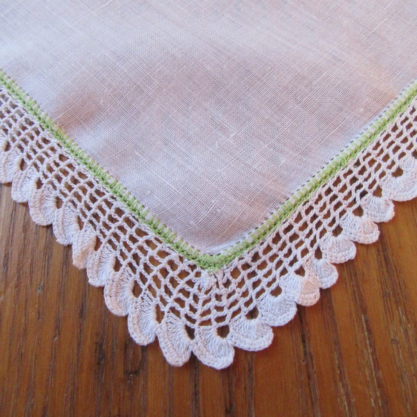 Vintage Handkerchief, White Crochet Edge, Chartreuse Frame, White Linen, Green Handkerchief, Retro Accessories, Collectible Hanky, Gift