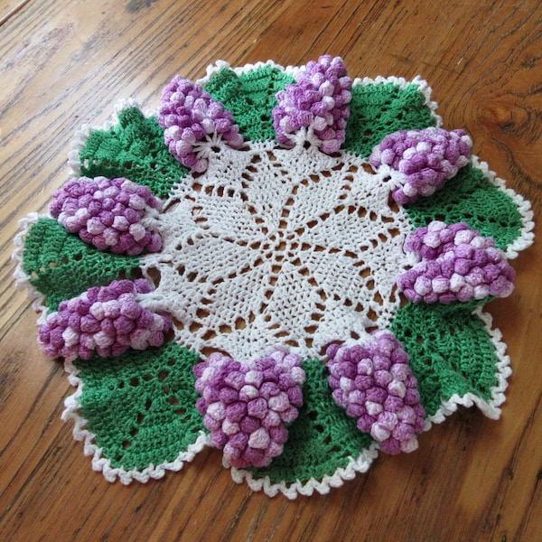 Vintage Crochet Doily, Grape Doily,  Vintage Doily, Crochet Purple Grapes, 3D Doily, Table Top, Center Doily, Dresser or Vanity Doilies