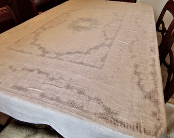 Antique Damask Linen Tablecloth, Drawn Work, Art Deco Tablecloth, Floral Damask, Vintage Table Cloth, Collectible Linens, Gift For Her 76x58