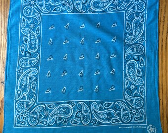 Vintage 1960s Wamcraft Bandana, Aqua Paisley, Made In USA, RN 13962, 100% Cotton, Aqua Bandana, Selvage Edge