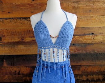 Denim Crochet Halter Top, Beaded Boho Festival Crop Top