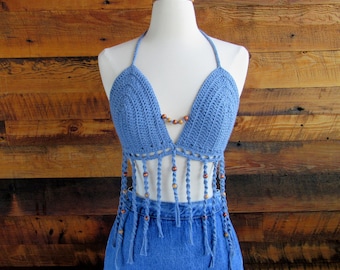 Crochet Halter Top, Demin, Beaded, Festival Top, Cotton, Sustainable, Hippie Top, Beaded Halter Top, Crochet Summer Top, Boho Top, Crop Top