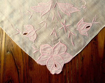 White Handkerchief, Pink Applique Flowers, Embroidery, Hand Rolled, Burmel? Unused Vintage Hanky, Pink Hanky, Embroidered Hanky, Pink Hanky