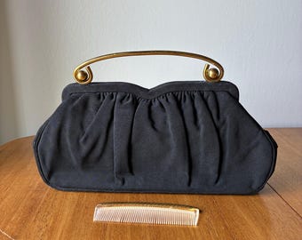 Vintage 1940s Black Evening Bag, Crepe Clutch, Matching Comb, Black Clutch