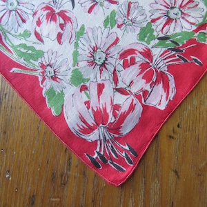 Vintage Handkerchief, Red, Green, Pink, Floral, Holiday Handkerchief, Christmas Handkerchief, Retro Accessories, Christmas Hanky, Snowflakes