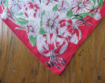 Vintage Handkerchief, Red, Green, Pink, Floral, Holiday Handkerchief, Christmas Handkerchief, Retro Accessories, Christmas Hanky, Snowflakes