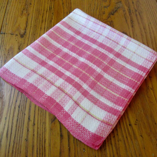 Vintage Cotton Tablecloth, 44" x 48", Pink, Yellow, White, Vintage Pink Tablecloth, Retro Table Decor, Farmhouse Table Linens, Gift for Her