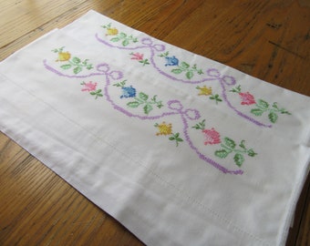 Vintage Pillowcases, Set of 2, White Cotton, Queen/Standard, Embroidered Flowers, Pink Purple Yellow Blue, Bedroom Decor, Gift, Cross Stitch