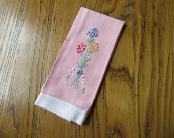 Vintage Cotton Fingertip Towel, Pink, Yellow, Blue Embroidered Flowers, Hand Made Gift, Show Towel, Vintage Guest Towel, Embroidered Towel