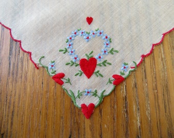 Vintage Valentine's Handkerchief, Blue Forget-Me-Nots and Red Hearts, Pale Green Cotton, Red Scalloped Edge , Embroidered, Gift For Her