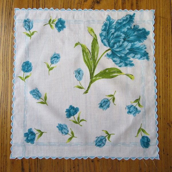 Vintage Handkerchief, Parrot Tulips, Aqua, Imprinted Handkerchief, Scalloped Edge, 1950s, Vintage Hanky, Reuse, Collectible Handkerchief