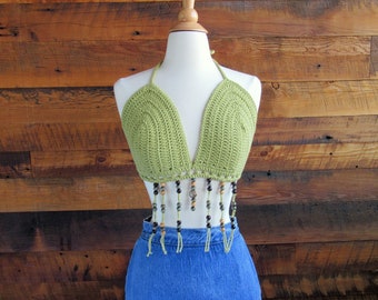 Fringe Top, Crochet Halter Top, Peridot, Beaded, Festival Top, Cotton, Sustainable, Hippie Top, Beaded Top, Crochet Summer Top, Boho Top