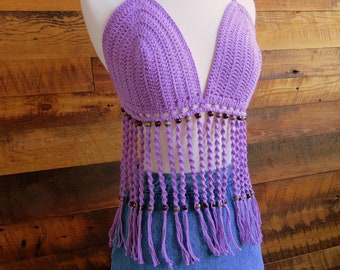Crochet Halter Top, Purple, Beaded, Festival Top, Cotton, Hand Made, Beaded Halter Top, Crochet Summer Top, Boho Top, Crop Top, Gift For Her