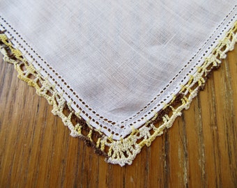 Vintage Handkerchief, Sunflower Colors, Yellow, Brown, White Crochet Edge, White Linen, Ladder Work, Gift For Her, Crochet Handkerchief