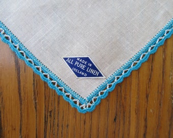 Vintage Irish Linen Handkerchief, Unused, Original Tag, Irish Linen, White, Aqua Crochet Border, Aqua Handkerchief, Retro Accessories