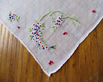 Vintage Linen Handkerchief, Embroidered Red, White & Blue Flowers, Hand Rolled and Stitched Edge, Retro Accessories, Patriotic Handkerchief