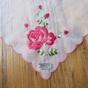 Vintage Handkerchief, Unused Vintage Hanky With Tag, Red Roses, Handkerchief, Made In Switzerland, Tissue Linen, Gift For Her, Accessories