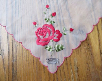 Vintage Handkerchief, Unused Vintage Hanky With Tag, Red Roses, Handkerchief, Made In Switzerland, Tissue Linen, Gift For Her, Accessories