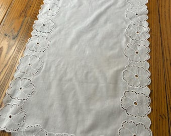 Vintage White Eyelet Table Runner, Dresser Scarf,  White Machine Embroidery, 1970s