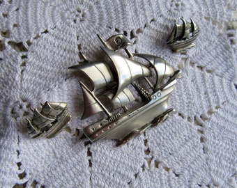 Marleen Sterling Pirate Ship Pin & Earrings, 1940's Jewelry, Swashbuckler, Frederick Pearsall Jewelry, Nautical Jewelry, Pirate Jewelry