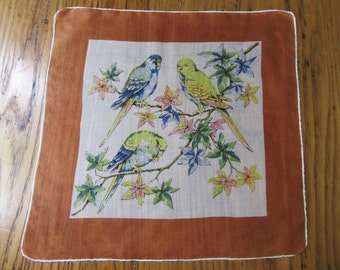 Vintage Handkerchief, Parakeets, Blue and Yellow Parakeets, Parakeet Handkerchief, Bird Handkerchief, Hand Rolled, Gifts, Collectible Hanky