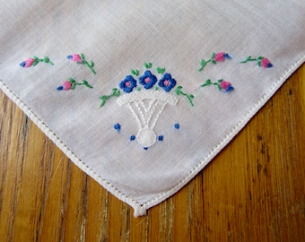 Vintage Handkerchief, Irish Linen, Embroidered Flowers, Pink, Blue, Green Embroidered Flowers, Floral Hanky, Collectible Hanky, Gift For Her