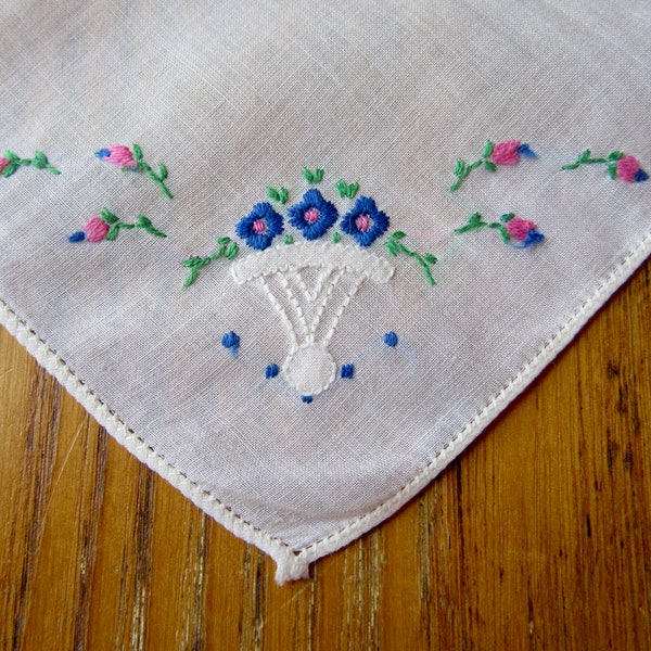 Vintage Handkerchief, Irish Linen, Embroidered Flowers, Pink, Blue, Green Embroidered Flowers, Floral Hanky, Collectible Hanky, Gift For Her