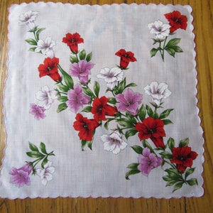 Vintage Handkerchief, Four O&#39;clock Flower, Red, Fuchsia, White, Floral Handkerchief, Printed Handkerchief, Cotton, Retro Accessories, Gift