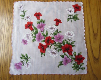 Vintage zakdoek, vier uur bloem, rood, fuchsia, wit, bloemenzakdoek, bedrukte zakdoek, katoen, retro accessoires, cadeau