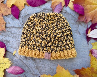 Organic Cotton Baby Beanie Hat, Brown & Golden Tan, 3-6 Months, Winter Baby Hat, Baby Shower Gift, Organic Cotton Baby Hat, Boho Baby Hat