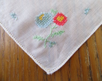 Vintage Handkerchief, Pink and Blue Flowers, Cotton, Cross Stitch Flowers, Cross Stitch Handkerchief, Retro Accessories, Collectible Hanky