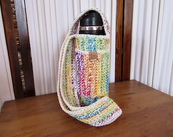 Crochet Drink Sling, Rainbow, Pocket, Cross Body Bottle Carrier, Gift For Her, , Water Bottle,  Water Sling, Gift for Him, LGBTQ Pride