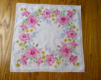Vintage Handkerchief, Rose of Sharon Handkerchief, Pink Rose of Sharon, Vintage Pink Floral Hanky, 1950's Style, Vintage Hanky, Reuse