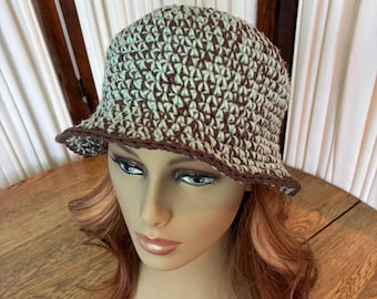 Crochet Bucket Hat, Aqua & Brown Bucket Hat, Festival Hat, Summer Hat, 50/50 Cotton, Acrylic