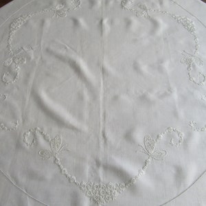 Vintage Royal Society Silk Embroidered Linen, White Embroidered Fabric, Antique Embroidered Fabric, Butterflies & Flowers, Round Tablecloth