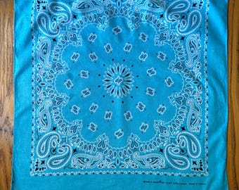 Vintage 1980s Aqua Hav-A-Hank Bandana, Paisley, Made In China, RN 15187, 100% Cotton, Aqua Bandana