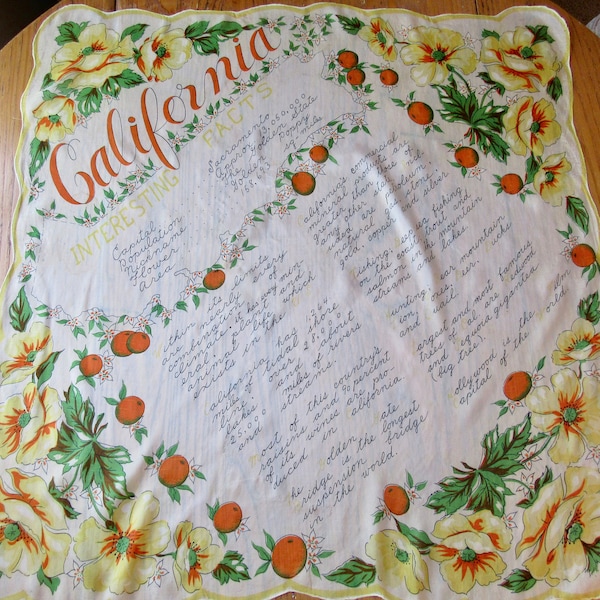 1950's Vintage California Souvenir Silk Scarf, Oranges, Yellow Poppies, Interesting Facts, California Collectibles,  1950's California