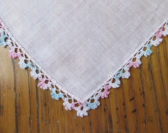 Vintage Handkerchief, Pale Pink Linen, Pink and Blue Crochet Edge, Baby Colors, Reduce, Recycle, Vintage Accessories, Vintage Hanky