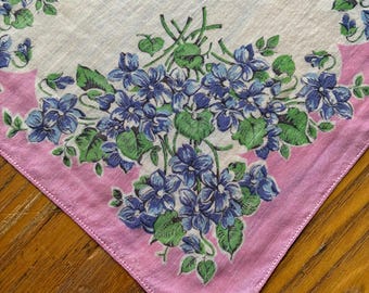 Vintage Handkerchief, Violet Handkerchief, Purple Hanky, Floral Purple Handkerchief, 1950's, Pink & Purple Handkerchief, Lavender Hanky