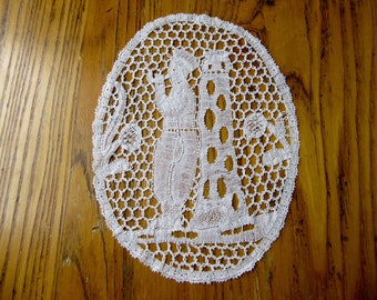 Antique Italian Cantu Bobbin Lace, Figural Lace Round, Lighthouse Keeper, Lighthouse Art, Man w/pipe, Lighthouse Figural Lace, Antique Lace