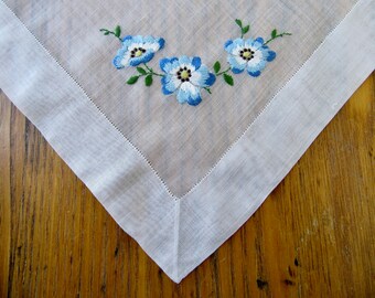 Vintage Handkerchief, Silk Embroidered Blue Flowers, Double Edged Hem, Blue Handkerchief, Floral Handkerchief, Retro, Gift For Her