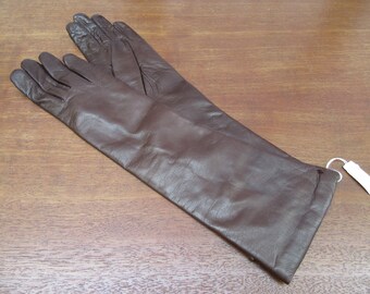 1980s Vintage Long Brown Leather Gloves, 15" Long,  Knit Lining, Size Sm, Winter Dress Gloves, Made In Italy for Sibley's Rochester, NY.,