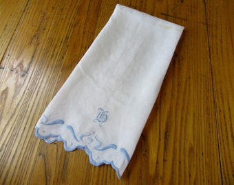 Vintage Hand Towel, H Monogram Linen Towel, Antique Linen Tea Towel, Damask Linen, Blue Embroidery, White Linen Dish Towel, H Monogram