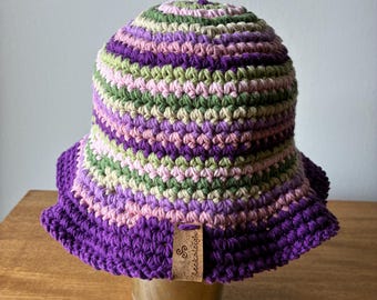 Hand Crocheted Bucket Hat, Striped Bucket Hat, Purple, Pink, Beige, Green, Festival Hat, Summer Hat, 100% Cotton